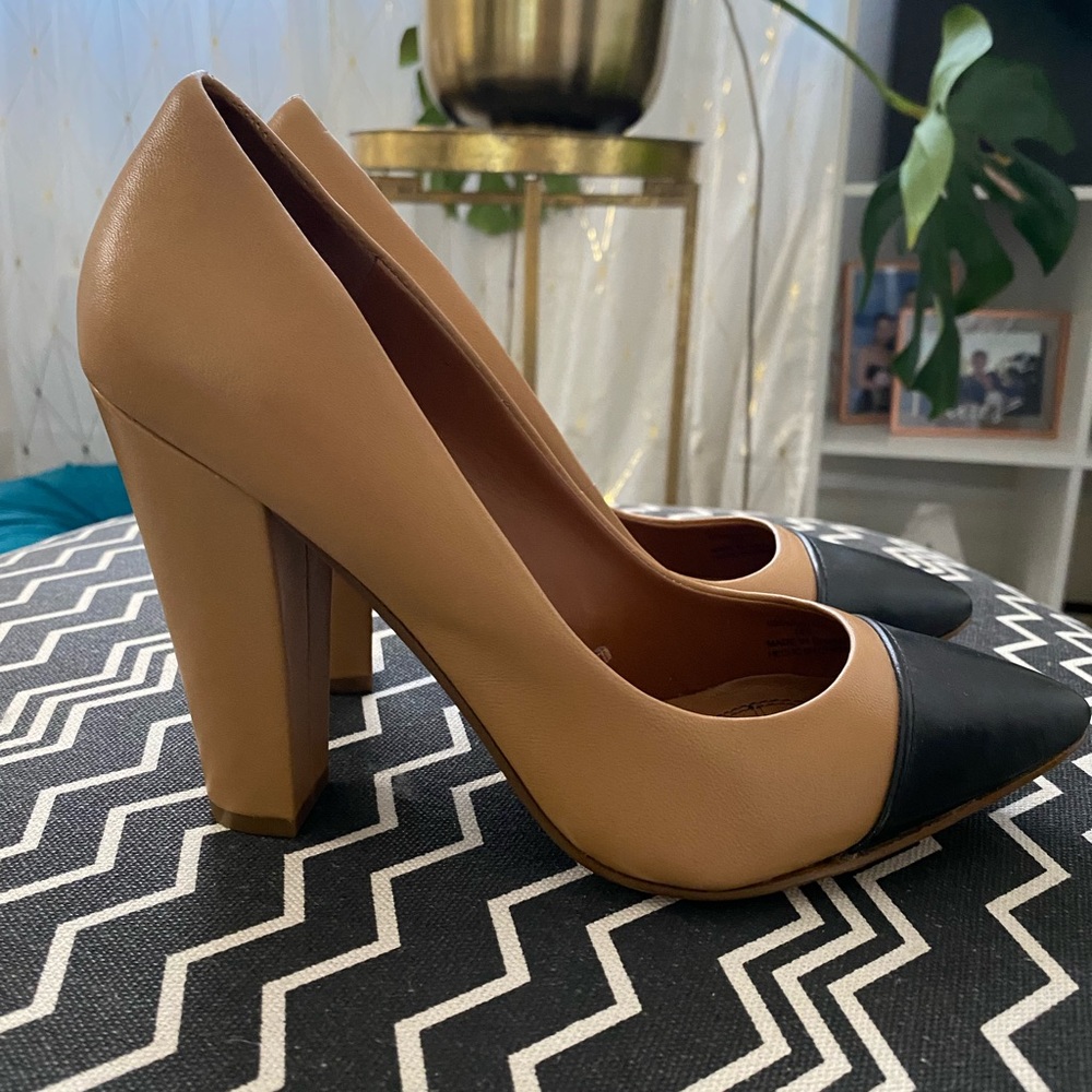 Zara Leather Captoe Tan Black Heels 38